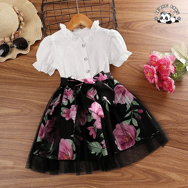 LEZONKIDS - Kids Clothing Girls Cotton Polyester Ruffle Collar Sleeve Shirt Tulle Flower Print Skirt Girls Set Dresses for Kids Girls Custom